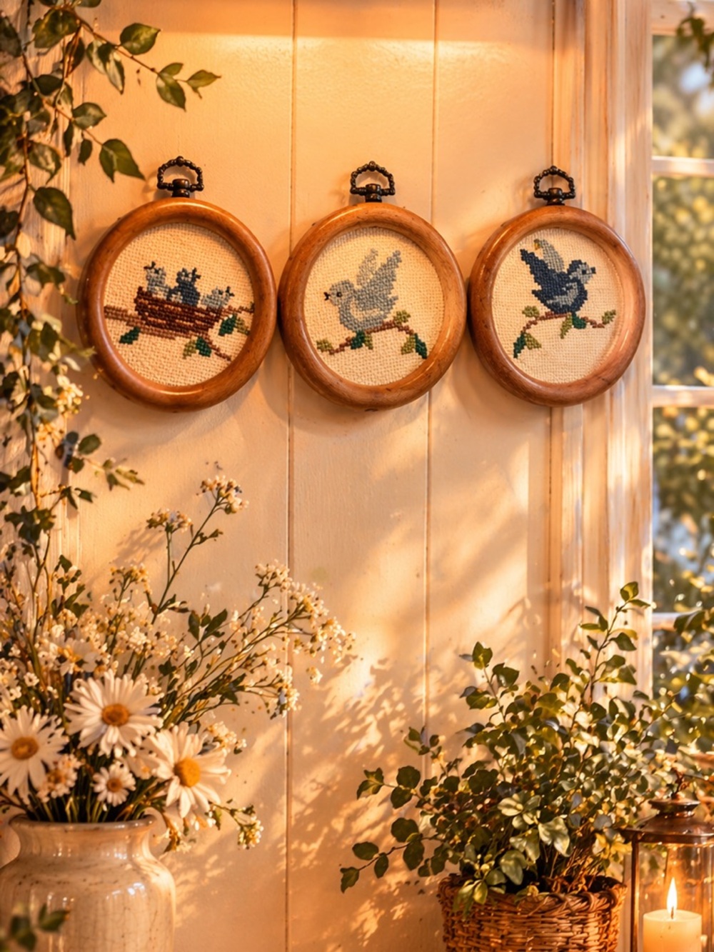 Vintage Mini Bird Embroidery Wall Art Set (3) • Wooden Hoop Frames • Folk Story - Picture 3 of 13